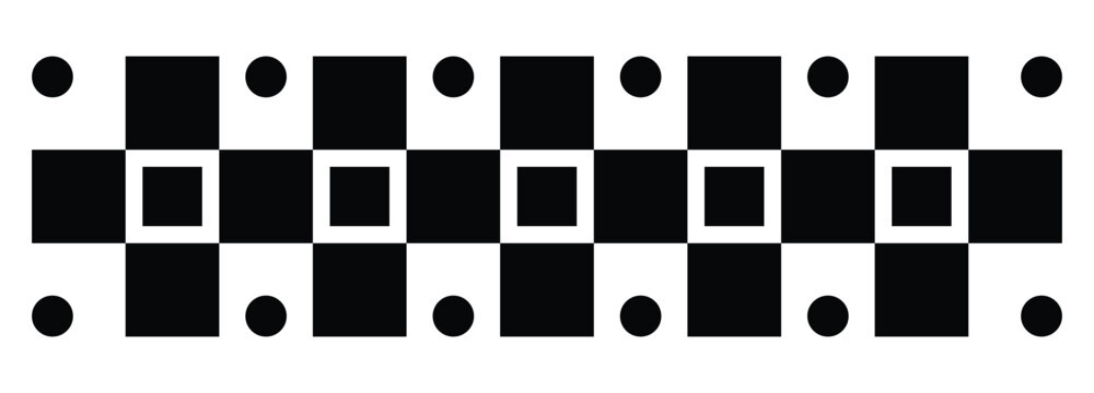 Geometric monochrome seamless border pattern with squares and dots. Black and white abstract geometric repetitive trim design. Modern checkered border. Vector illustration
