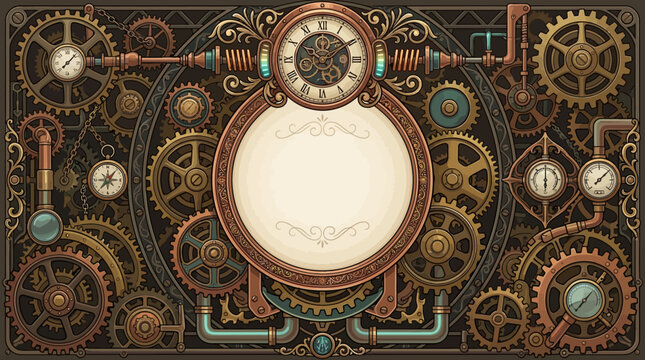 Industrial clockwork background, layered gears, antique timepieces, copper mechanical structures and decorative engineering elements framing a clean center area, flat vector style, premium steampunk a