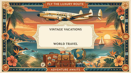 Luxury vintage travel poster background, elegant retro aircraft, travel memorabilia, tropical accents and nostalgic vacation graphics framing the composition, warm sunset-inspired color palette, spaci © Maftuh