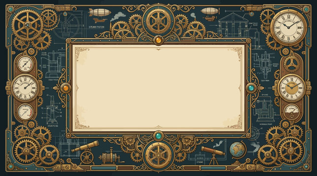Luxury steampunk copy space background, sophisticated clockwork mechanisms, copper pipes, pressure gauges, decorative gear patterns and Victorian-inspired mechanical details surrounding a spacious cen