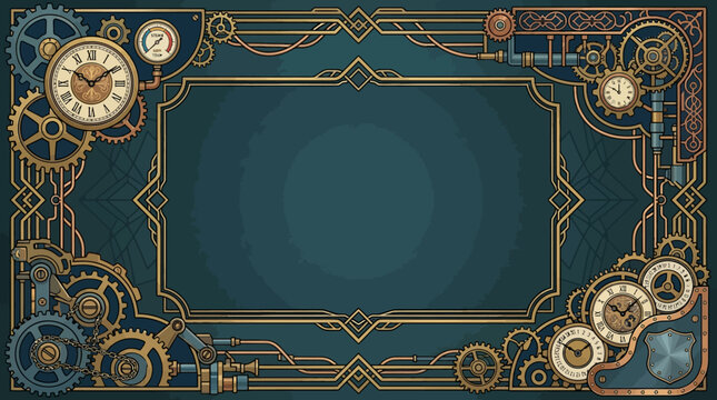 Modern steampunk poster background, geometric mechanical elements, stylized gears, vintage clocks and metallic framework decorating the corners, clean empty center composition, flat vector design, con