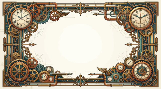 Modern steampunk poster background, geometric mechanical elements, stylized gears, vintage clocks and metallic framework decorating the corners, clean empty center composition, flat vector design, con
