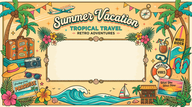 Summer vacation retro background, tropical travel elements, vintage airline graphics, palm trees, postcards and colorful holiday decorations around edges, large empty center for promotional content, f