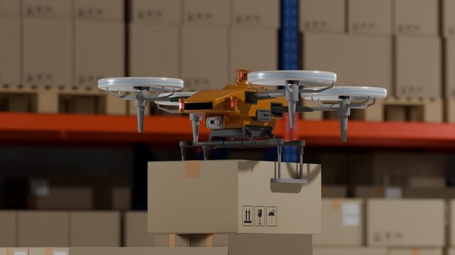 Drone carrying a box in industrial logistics warehouse.automation job shift warehouse.AI Aerial AGV Transporting Parcel in Logistics Distribution Center,Unmanned UAV Drone Delivering Cardboard Box
