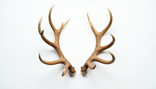 Symmetrical deer antlers face inward against white background. Natural bone texture, brown tan color. Antlers signify wild nature, growth, and forest wildlife themes.