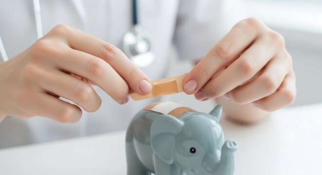 Medical Care for Savings: A doctor's hands carefully apply a bandage to an elephant-shaped piggy bank, symbolizing the need for careful financial planning and medical cost management.