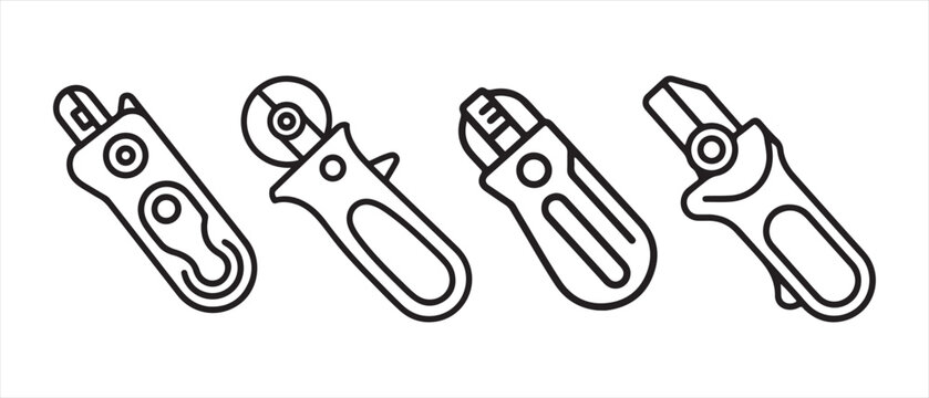 Set of four different utility knife icons and rotary cutter tools for crafting and construction work in a simple black line style.