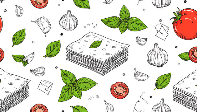 Hand-drawn seamless pattern with Italian ingredients like tomato, basil, garlic, and cheese, representing fresh food and cooking