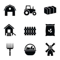 Collection of farm icons including a barn, tractor, hay bale, chicken coop, fence, seed bag, pitchfork, basket of produce, and windmill. © Imam