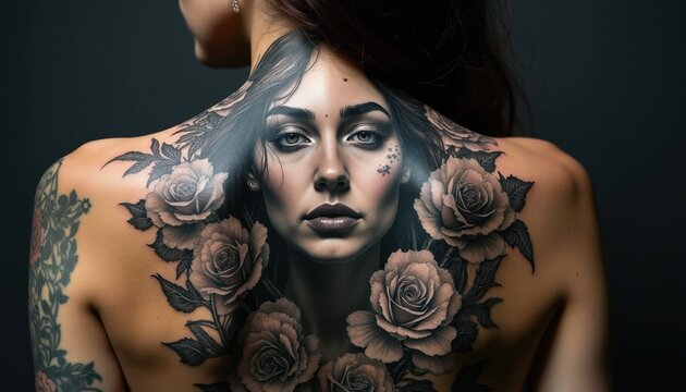 Woman with back tattoo of roses and face detail. Large floral art covers her upper body and shoulders. Tattoo art showcases realism and detail on skin.