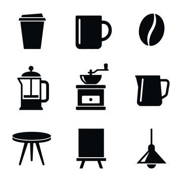Collection of black coffee shop icons including a coffee cup, mug, bean, grinder, and more.