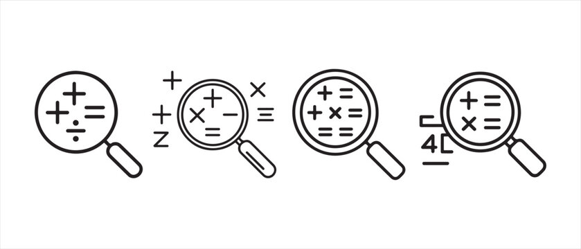 Set of magnifier glass icons with math symbols addition subtraction multiplication and division signs for education and analysis.
