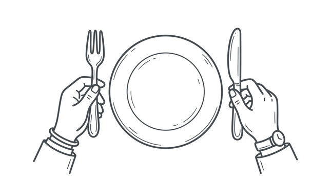 Hands Holding Fork and Knife Ready to Eat at Empty Plate, Top View