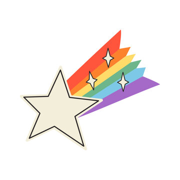 Retro rainbow shooting star with sparkles isolated on white. Y2K aesthetic pride month graphic for LGBTQ visibility, queer symbol, and vibrant digital stickers. Vector illustration.