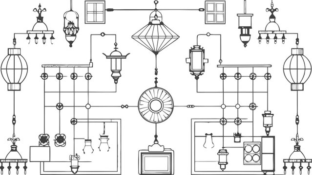 Detailed cad layout of interior lighting fixtures and electrical symbols for architectural