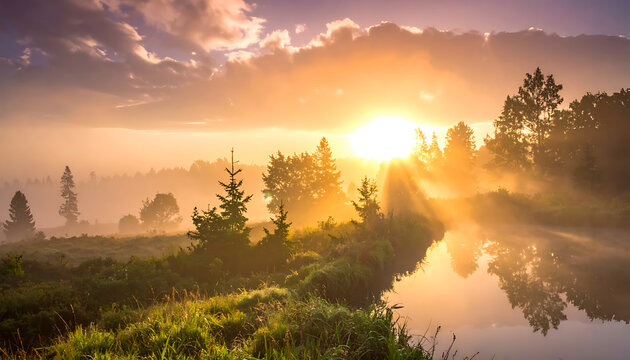 Golden sunrise over misty forest landscape, sunbeams breaking through clouds and trees illuminating a tranquil river, peaceful morning nature scene