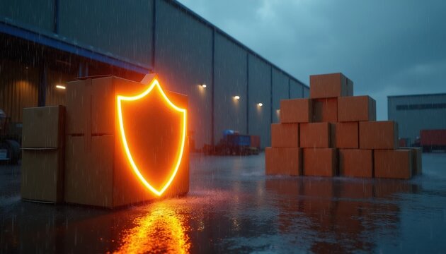 Cardboard boxes stack near warehouse under heavy rain. Glowing shield symbol protects cargo from bad weather. Logistics safety concept and supply chain insurance.