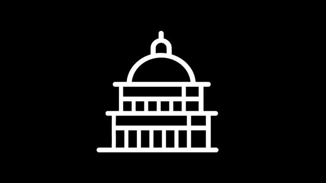 Stylized white outline of a domed government building on a black background