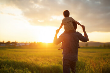 Fototapeta premium Father carrying son on shoulders at sunset. Happy family bonding and childhood memories concept of loving parenting, togetherness, and outdoor lifestyle.