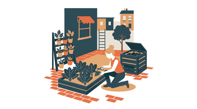Urban Gardening: Woman Tending Vegetable Patch in City Backyard with Composter