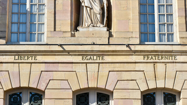 Close-up Detail on the French National Motto 'Liberte Egalite Fraternite' on Ducal Palace of Dijon, France