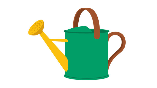 Green watering can with yellow spout and brown handle, isolated on white background, illustration