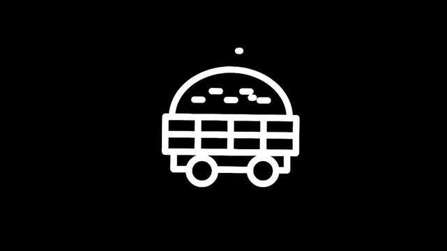 Simple line art icon of a mine cart filled with coal on a black background