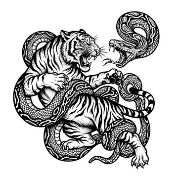 Tiger vs Snake Illustration, Black and White Graphic
