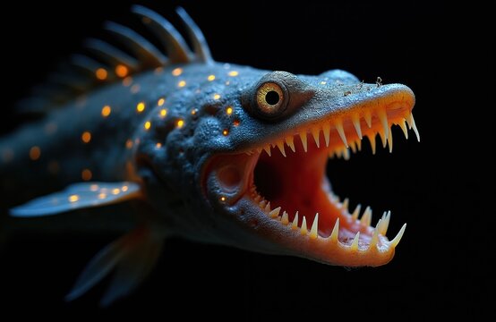 Deep sea viperfish shows glowing spots and sharp teeth. This predatory marine creature has intimidating mouth and eerie bioluminescent pattern. Its appearance suggests danger and mystery in abyss.