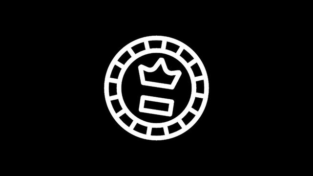 White outline of a coin with a crown symbol on a black background