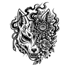 Fototapeta premium Japanese Fox Mask Floral Illustration, Black Ink Art