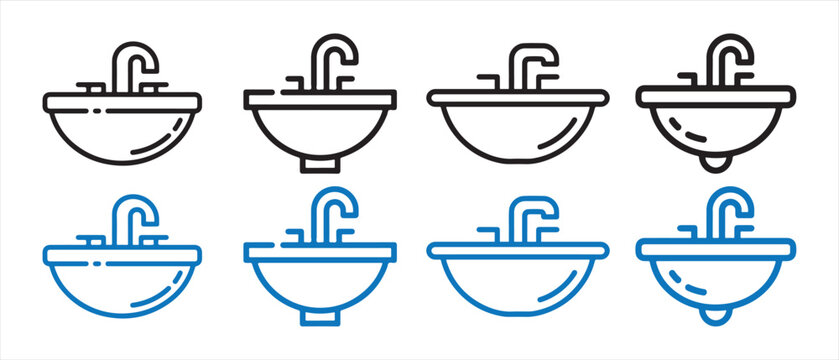 Set of simple line bathroom sink icons with faucets in black and blue colors.
