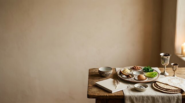 Traditional passover seder plate and ritual food on wooden table