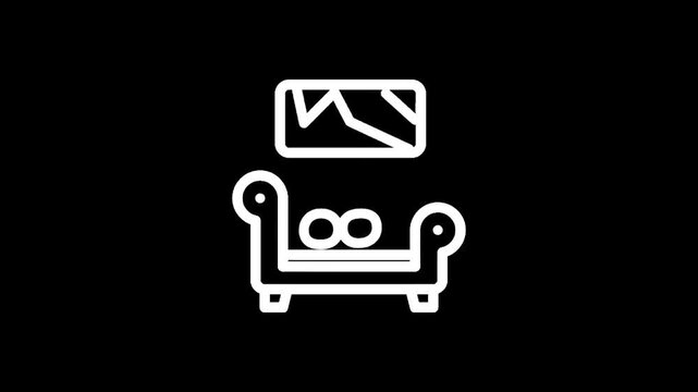 Simple line art icon of a sofa with cushions and a television screen above it
