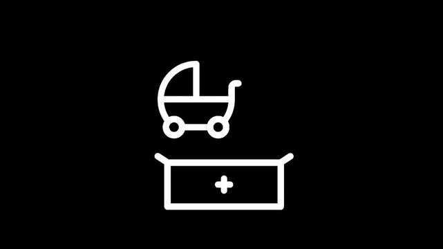 Baby carriage icon on medical box with plus sign, representing healthcare and newborn support