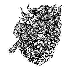 Fototapeta premium Mythical fox illustration, black and white artwork