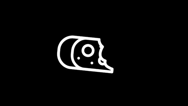Simple white line art icon of a bitten cheese wheel on a black background
