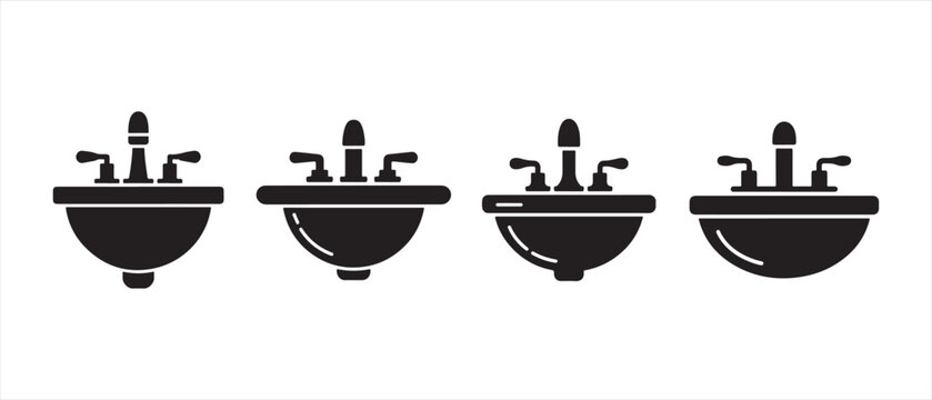 Set of four black bathroom sink icons with faucets for modern house and interior design.