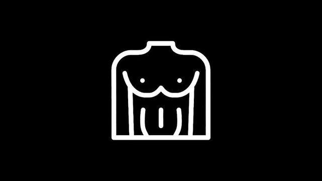 Minimalist line art icon of a human torso with defined abs and chest on black background