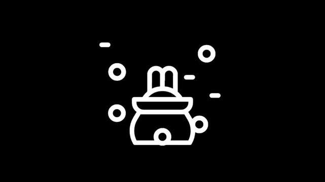 Cute white line art bunny icon with closed eyes and festive dots on black background