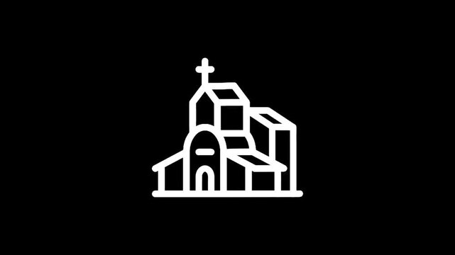 Stylized white line art icon of a church building with a cross on a black background