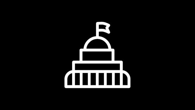 Stylized white icon of a government building with a dome and flag on a black background