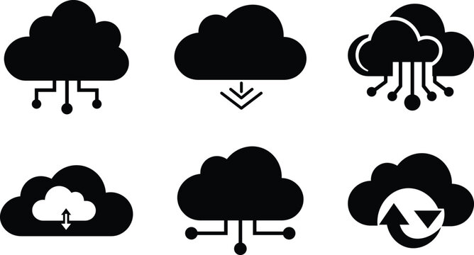 Six black cloud representing data transfer and connectivity download upload