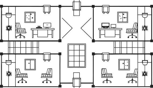Black and white cad floor plan of corporate office interior layout with furniture