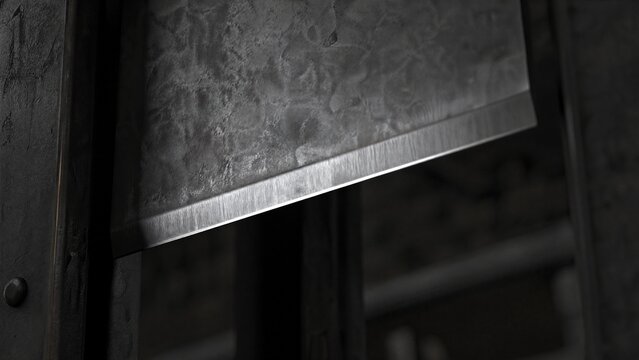 guillotine. Close-up of a guillotine blade with a sharp edge in a dark industrial setting. safety posters, maintenance manuals, designed for precision metalworking and fabrication facilities.