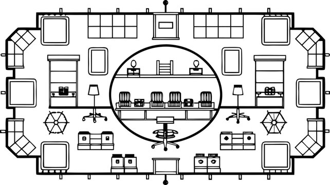 Detailed cad floor plan of a luxury office interior with furniture and fixtures layout