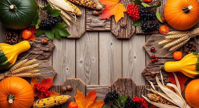 Autumn harvest arrangement with pumpkins corn and leaves on rustic wooden planks border