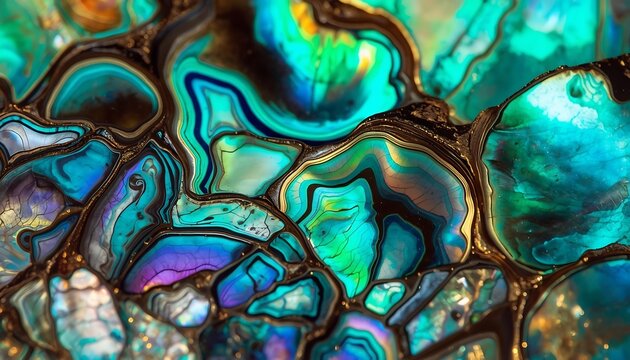 Abstract background of iridescent abalone shell texture, macro view of colorful mother of pearl, natural gemstone pattern with vibrant teal and blue hues