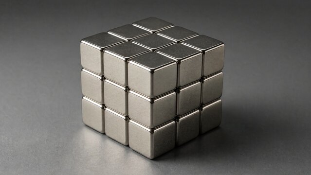 ferromagnetic. A solid cube formed by powerful silver-gray magnets on a plain background. STEM education sheets, lab safety posters, designed for biotech research communications.