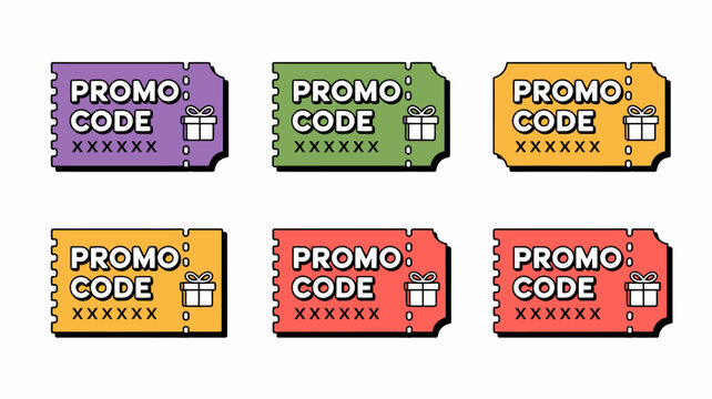 Set of six colorful promo code tickets with gift box icons for marketing and advertising use
